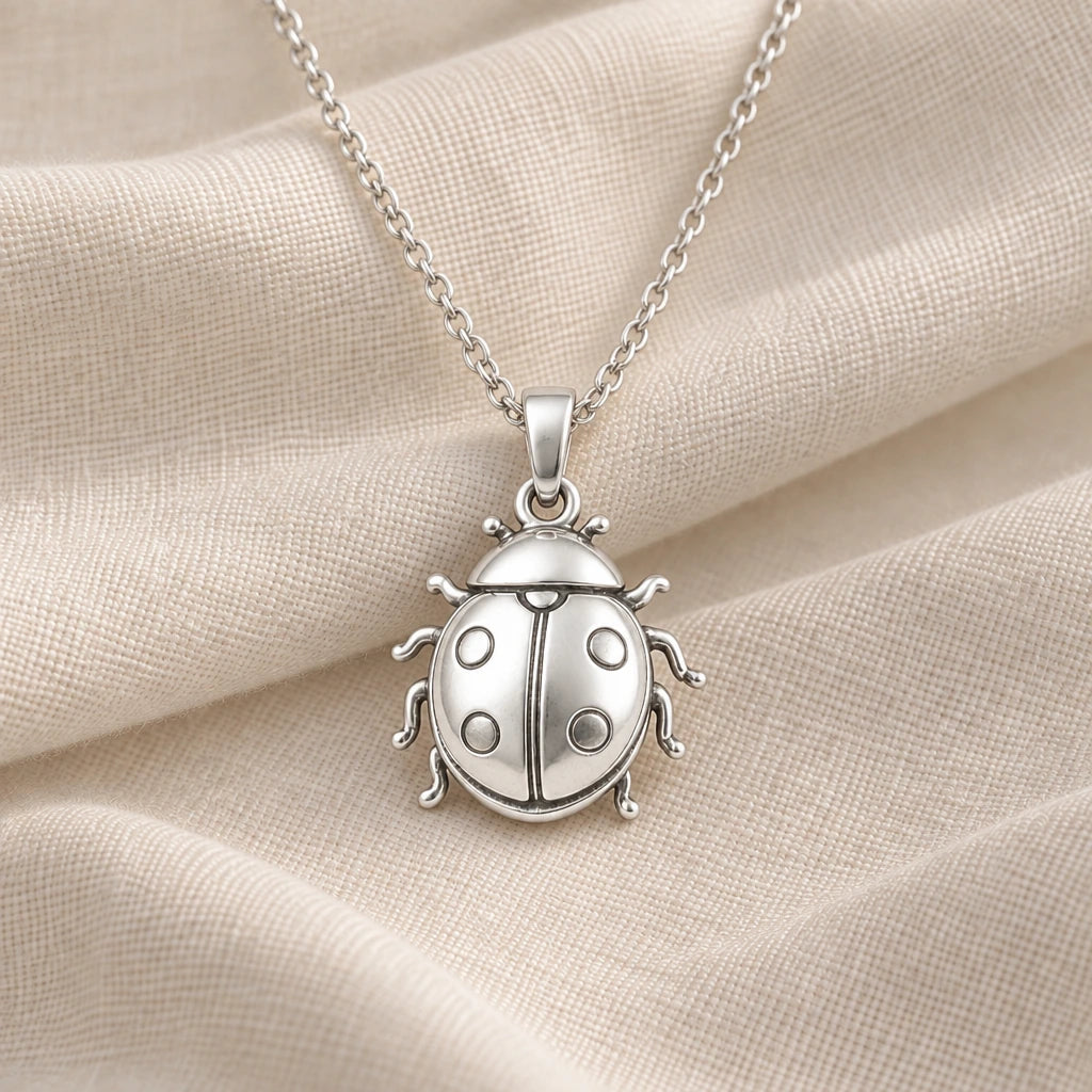 925 sterling silver ladybird pendant necklace on cream fabric
