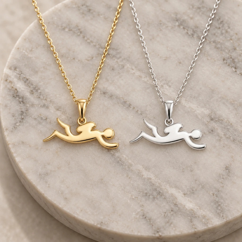 Swimmer Glide pendant necklace in silver and gold finishes side by side