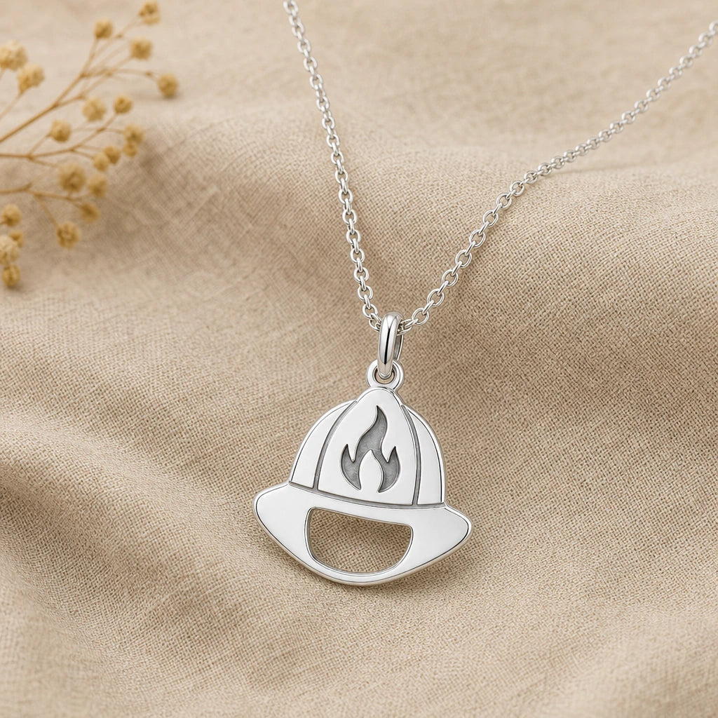 Firefighter Helmet Pendant Necklace in sterling silver, second view