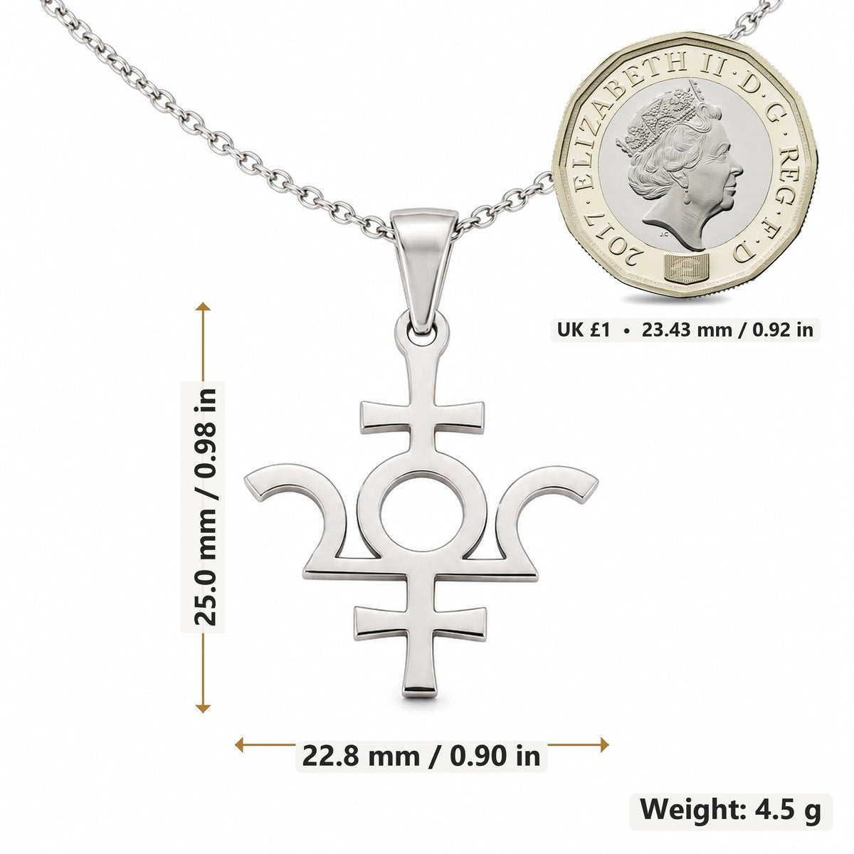 Isis Asteroid Symbol pendant necklace size image showing 25.0 mm height, 22.8 mm width and 4.5 g weight