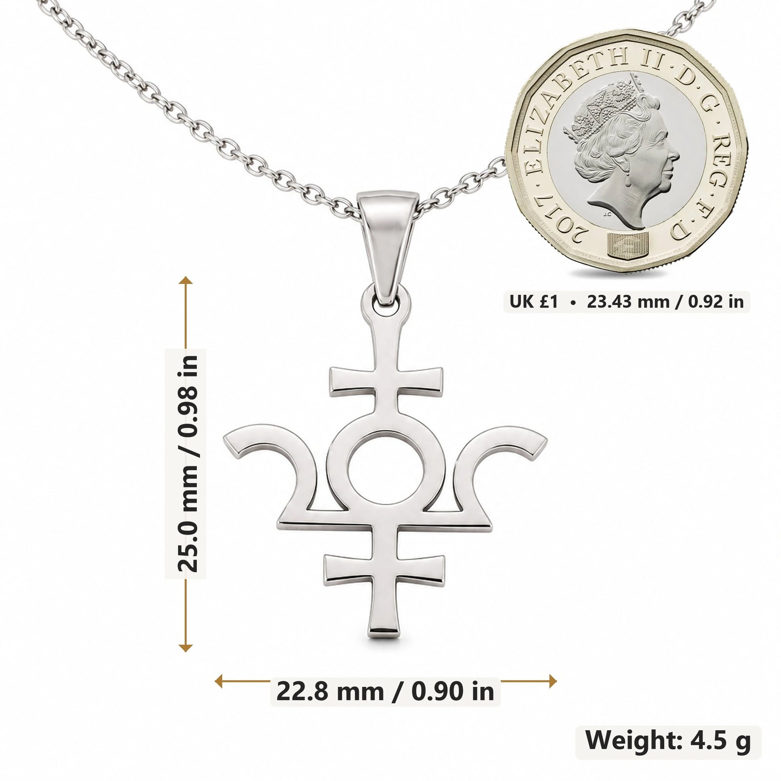 Isis Asteroid Symbol pendant necklace size image showing 25.0 mm height, 22.8 mm width and 4.5 g weight