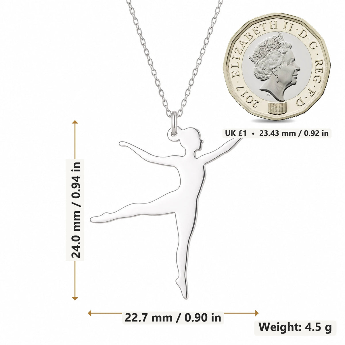 Ballet Dancer Arabesque pendant necklace size image showing 24.0 mm height, 22.7 mm width and 4.5 g weight