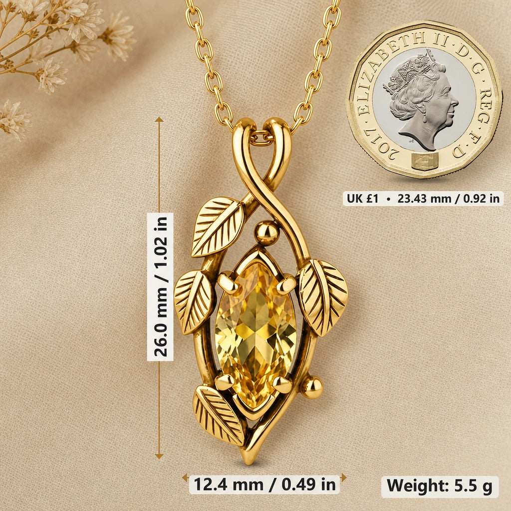 Golden Ivy Marquise Birthstone Pendant Necklace size guide, 26 by 12.4 mm