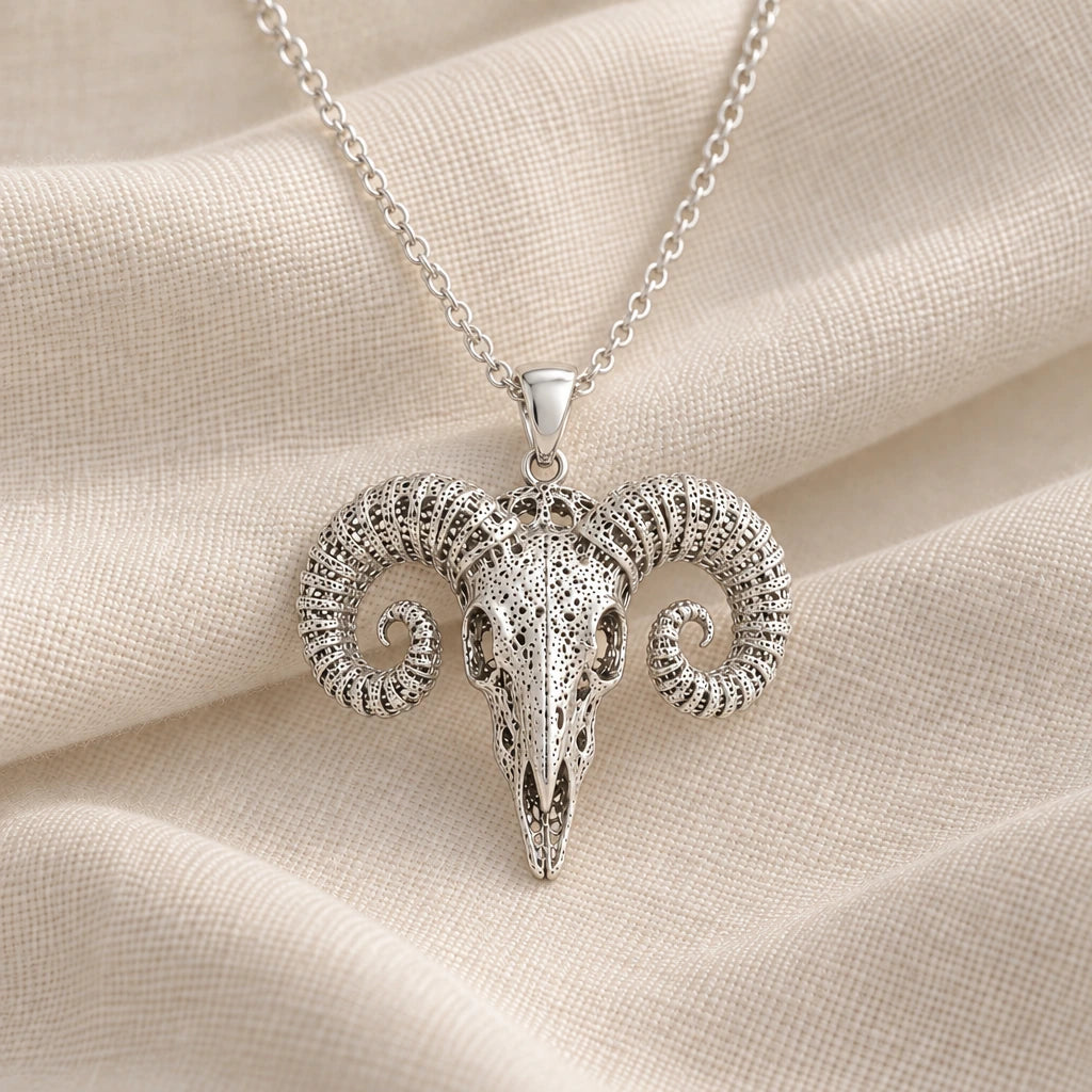 925 sterling silver ancient ram skull pendant necklace on cream fabric
