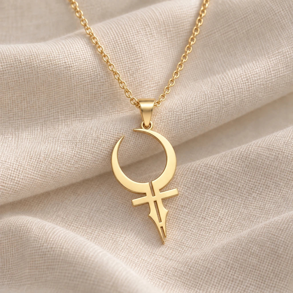 Feminine Energy Crescent Symbol pendant necklace in an 18k gold plated finish