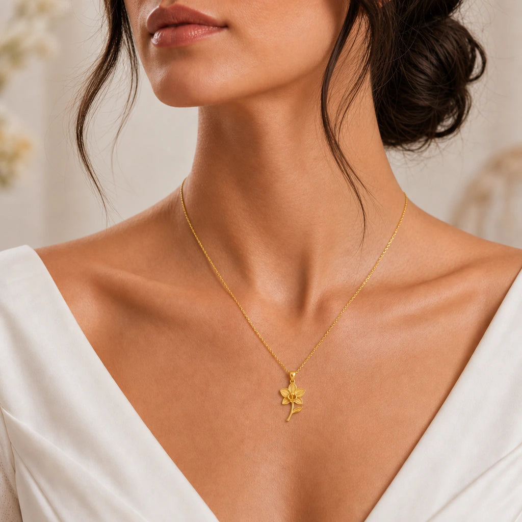 Orchid flower pendant necklace worn, close-up
