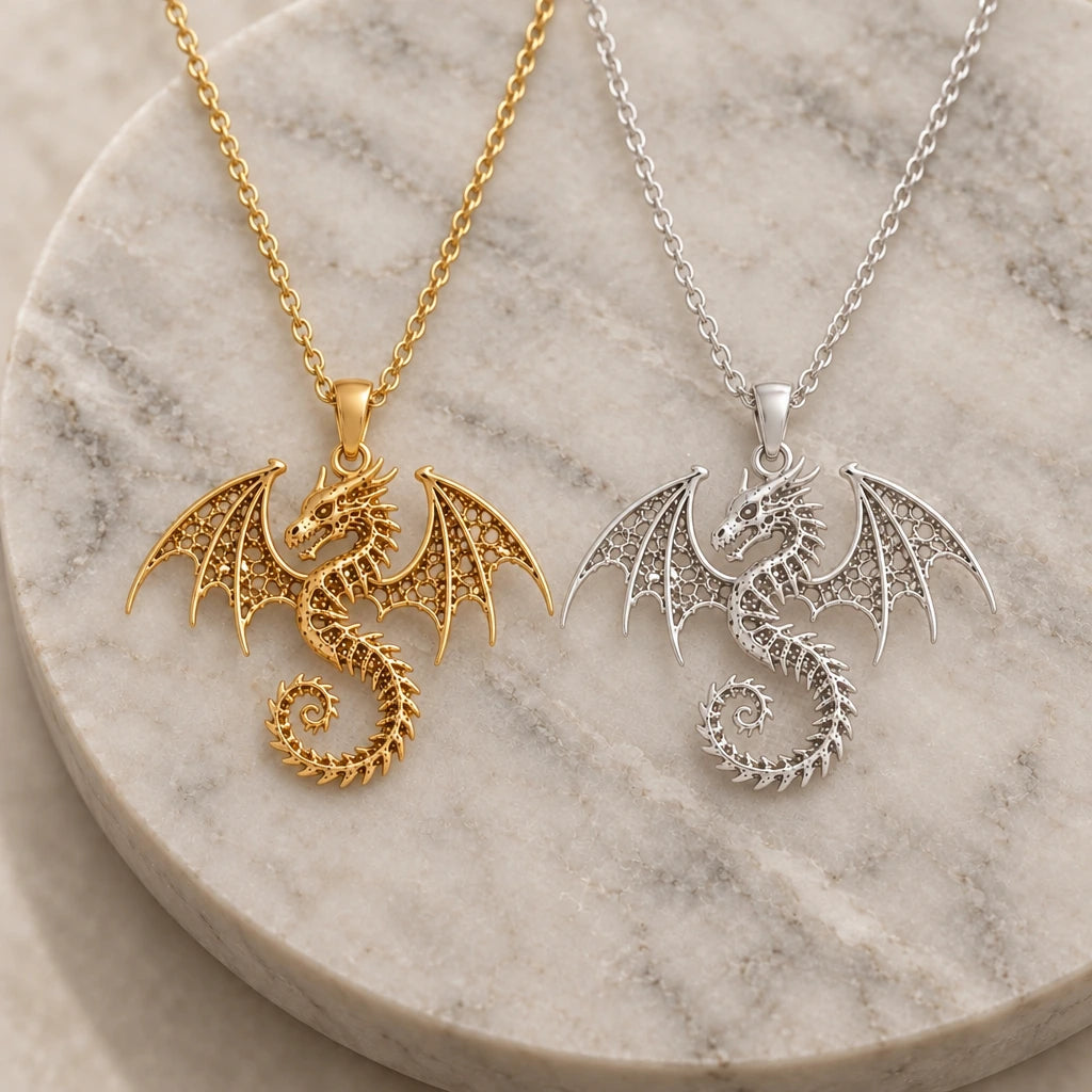 Ancient Dragon Fossil pendant necklace in silver and gold finishes side by side