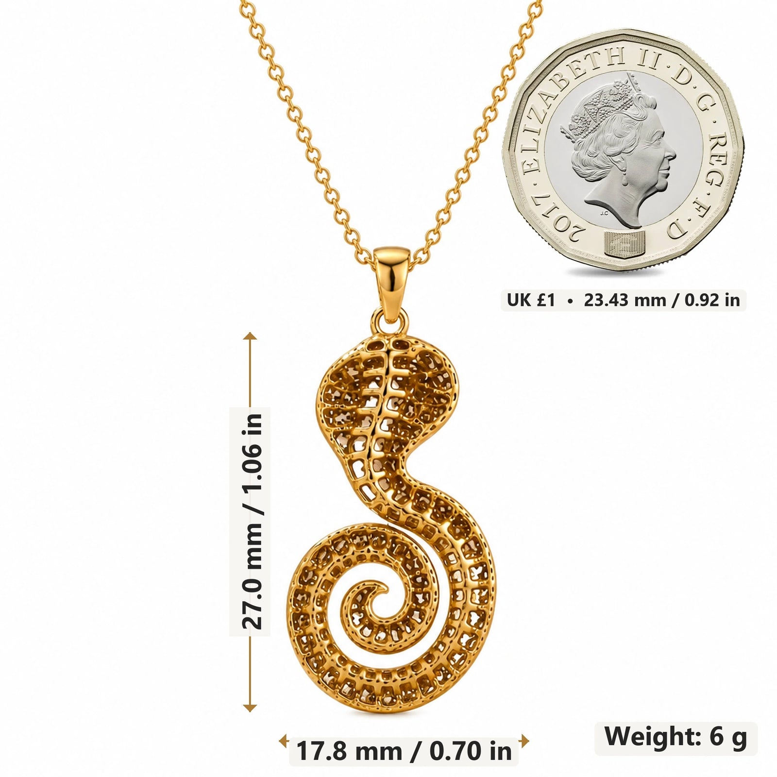 Sacred Cobra Fossil pendant necklace size image showing 27.0 mm height, 17.8 mm width and 6 g weight