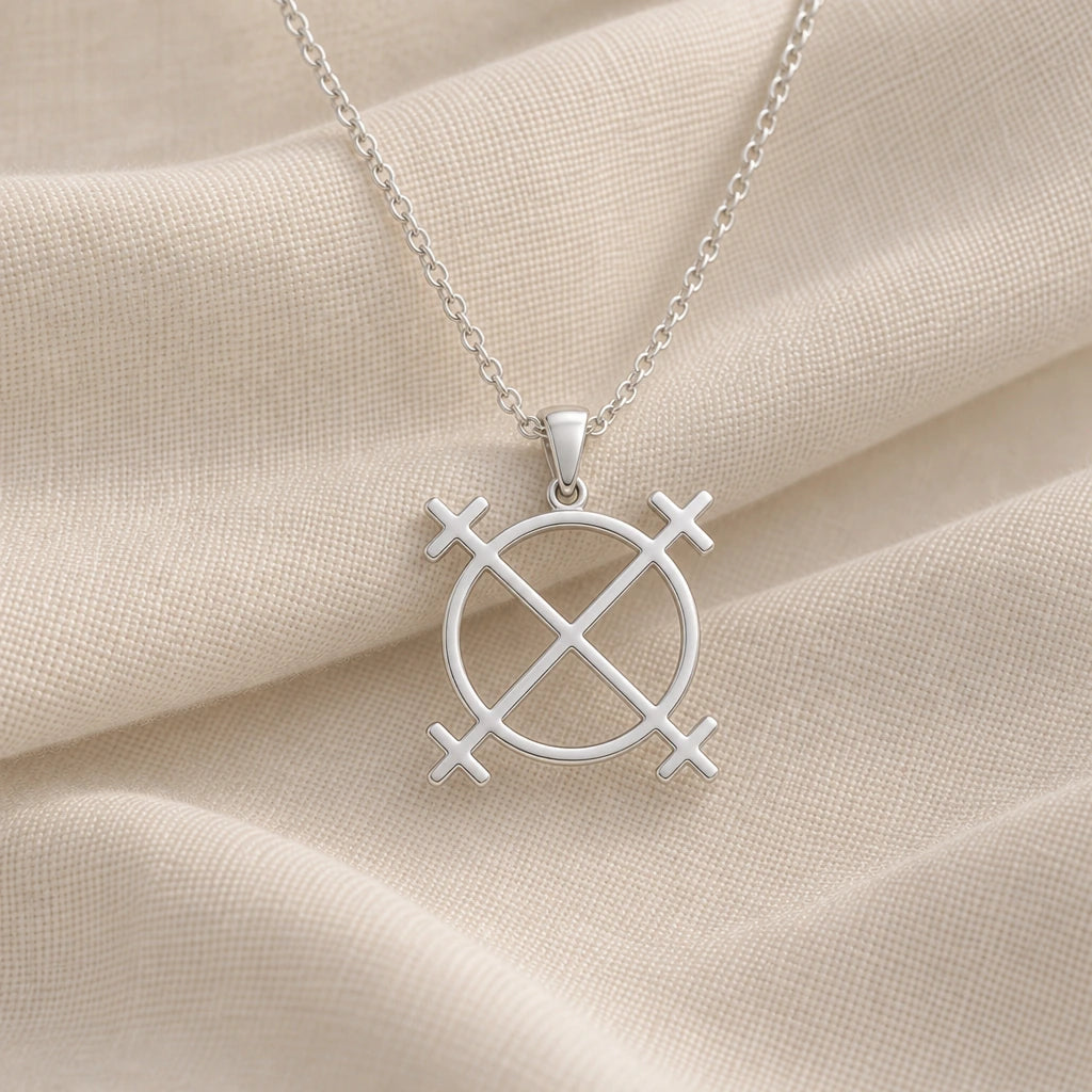 925 sterling silver sun cross wheel pendant necklace on cream fabric