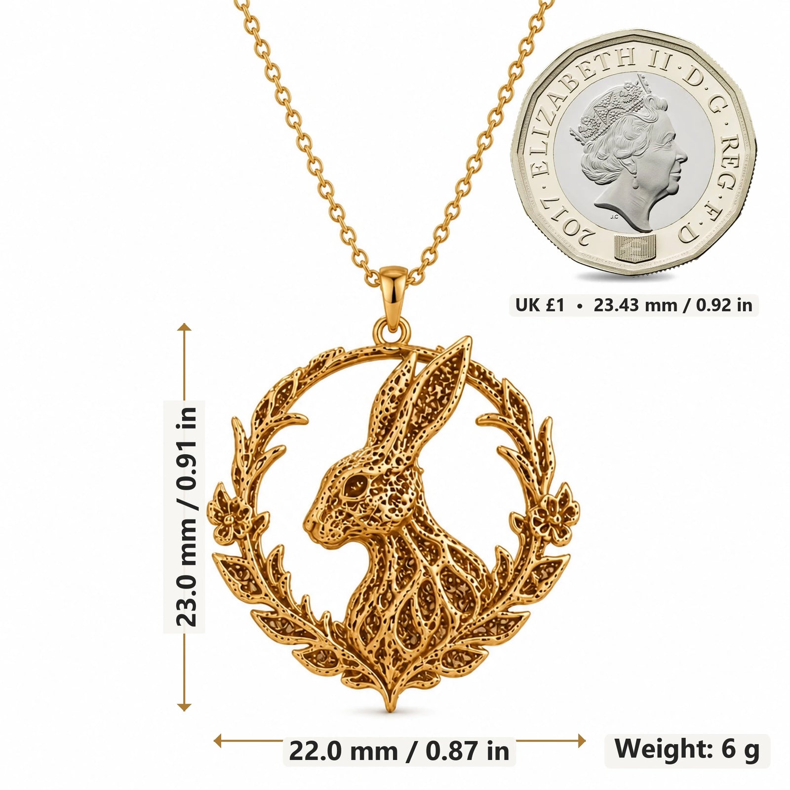 Fossil Rabbit Halo pendant necklace size image showing 23.0 mm height, 22.0 mm width and 6 g weight