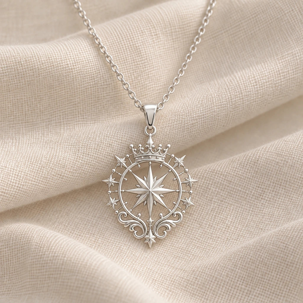 925 sterling silver queen star halo pendant necklace on cream fabric