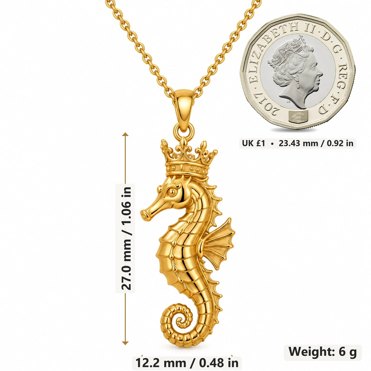 Crowned Seahorse pendant necklace size image showing 27.0 mm height, 12.2 mm width and 6 g weight