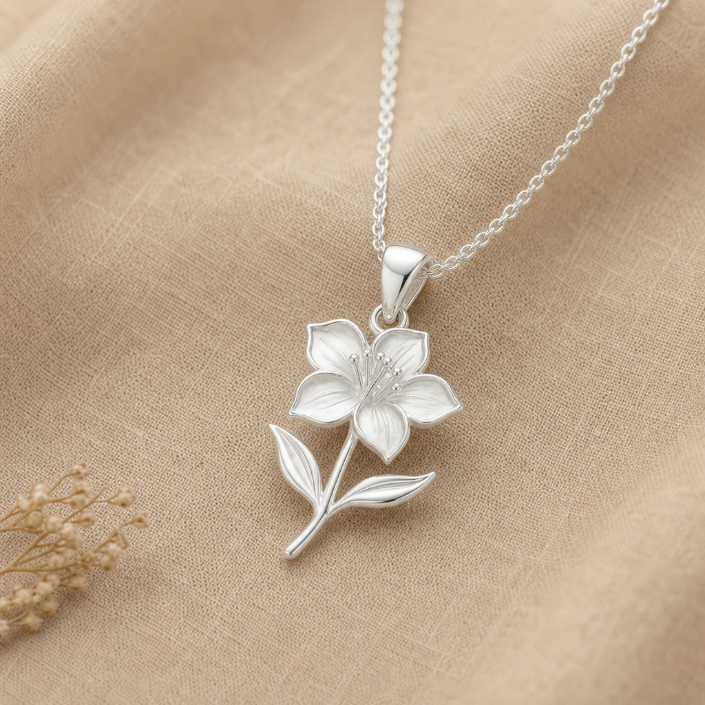 Close-up of silver azalea pendant with pointed petals, stamens and leaves