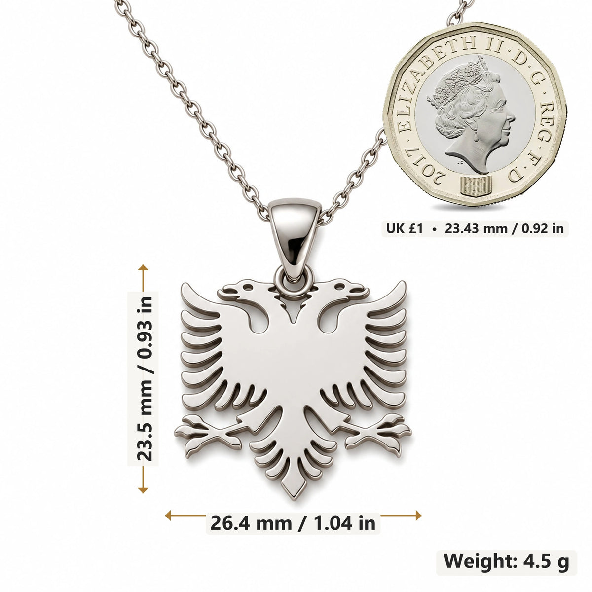 Albanian Double Headed Eagle pendant necklace size image showing 23.5 mm height, 26.4 mm width and 4.5 g weight