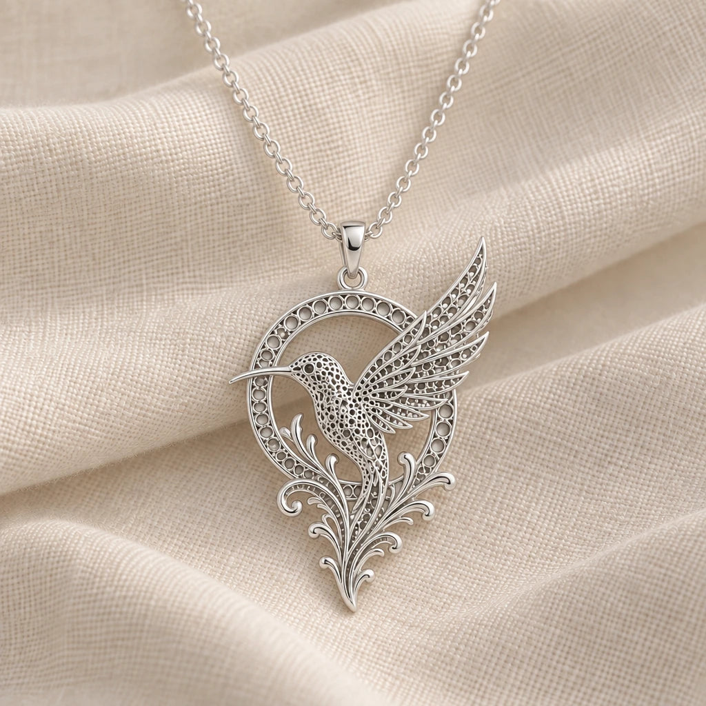 925 sterling silver fossil hummingbird halo pendant necklace on cream fabric