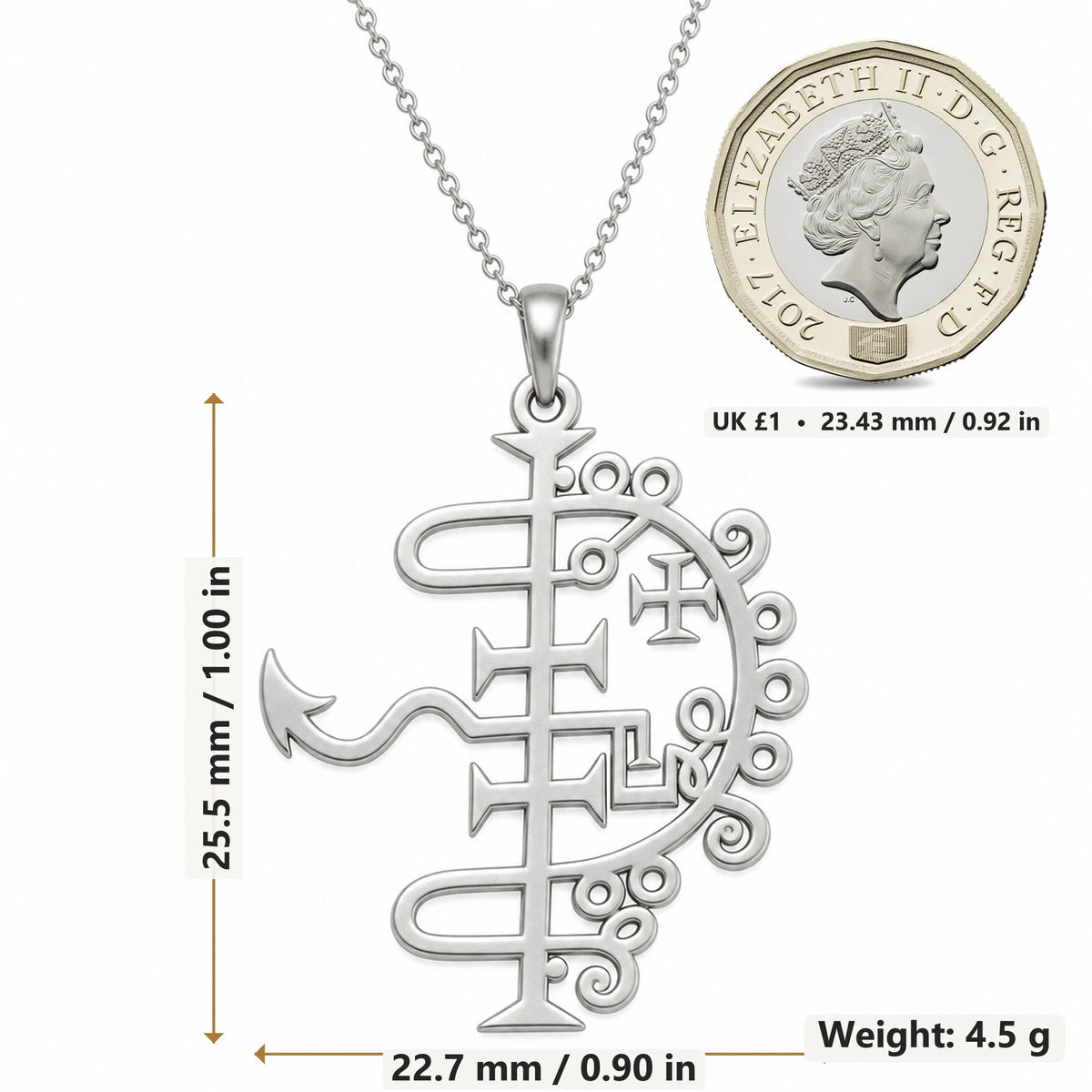 Asmoday Sigil pendant necklace size image showing 25.5 mm height, 22.7 mm width and 4.5 g weight
