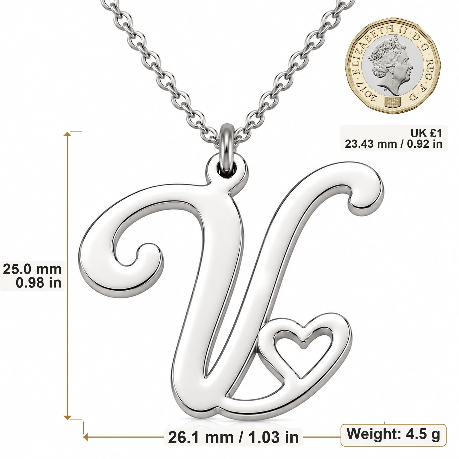V Initial Heart pendant necklace size image showing 25 mm height and 26.1 mm width and 4.5 g weight
