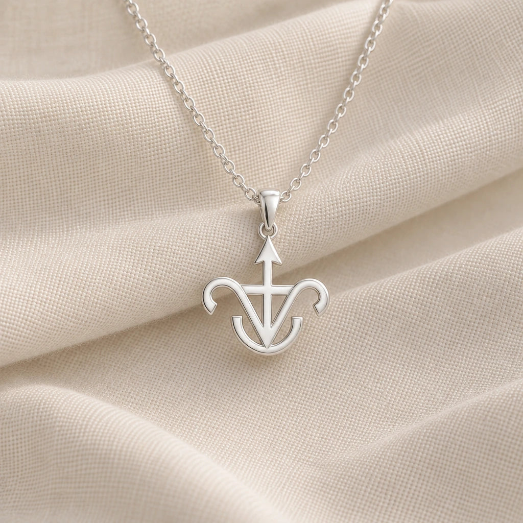 925 sterling silver jason anchor symbol pendant necklace on cream fabric