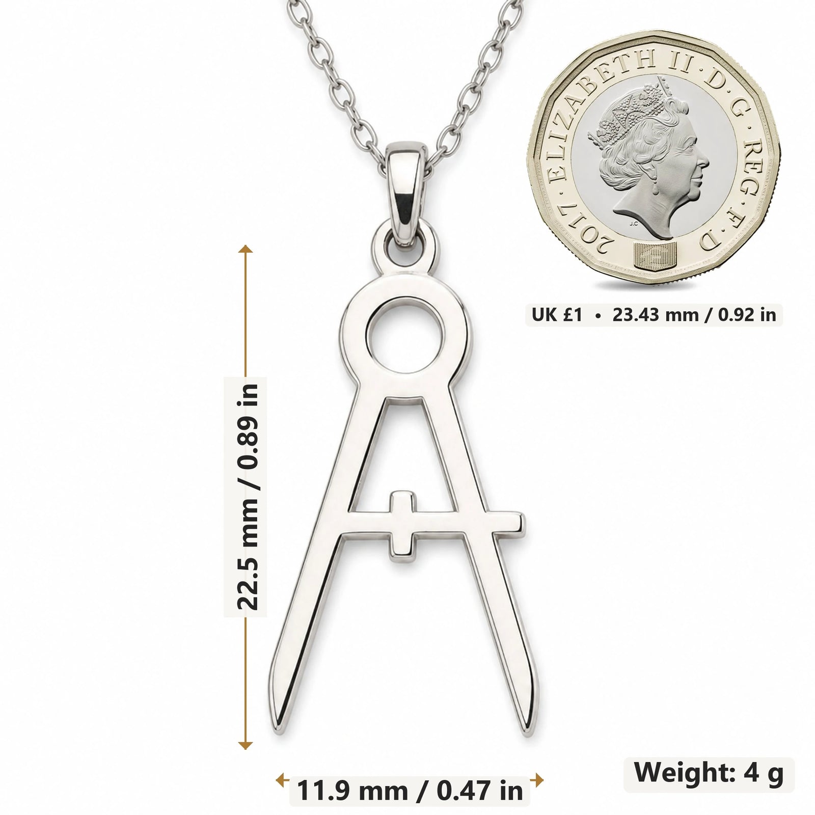 Architect Compass Polished pendant necklace size image showing 22.5 mm height, 11.9 mm width and 4 g weight