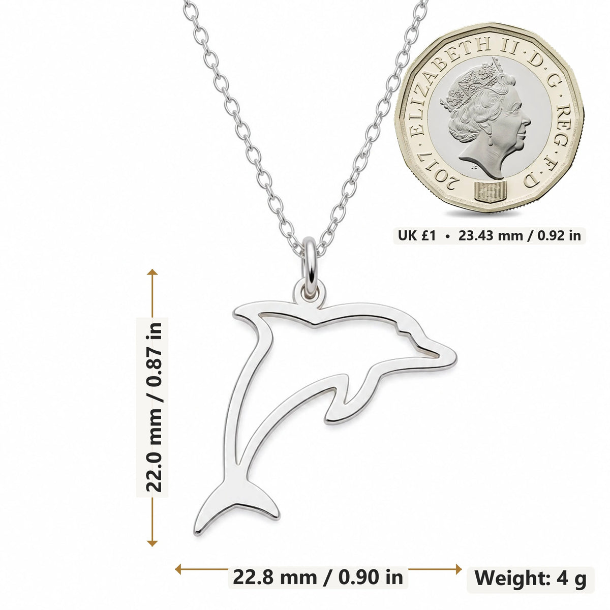Leaping Dolphin Outline pendant necklace size image showing 22.0 mm height, 22.8 mm width and 4 g weight