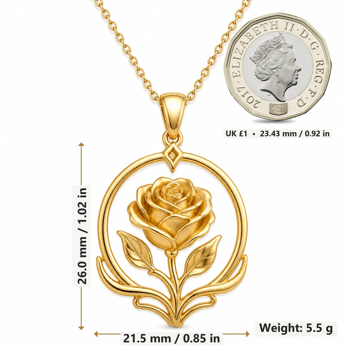 Sacred Rose Halo pendant necklace size image showing 26.0 mm height, 21.5 mm width and 5.5 g weight