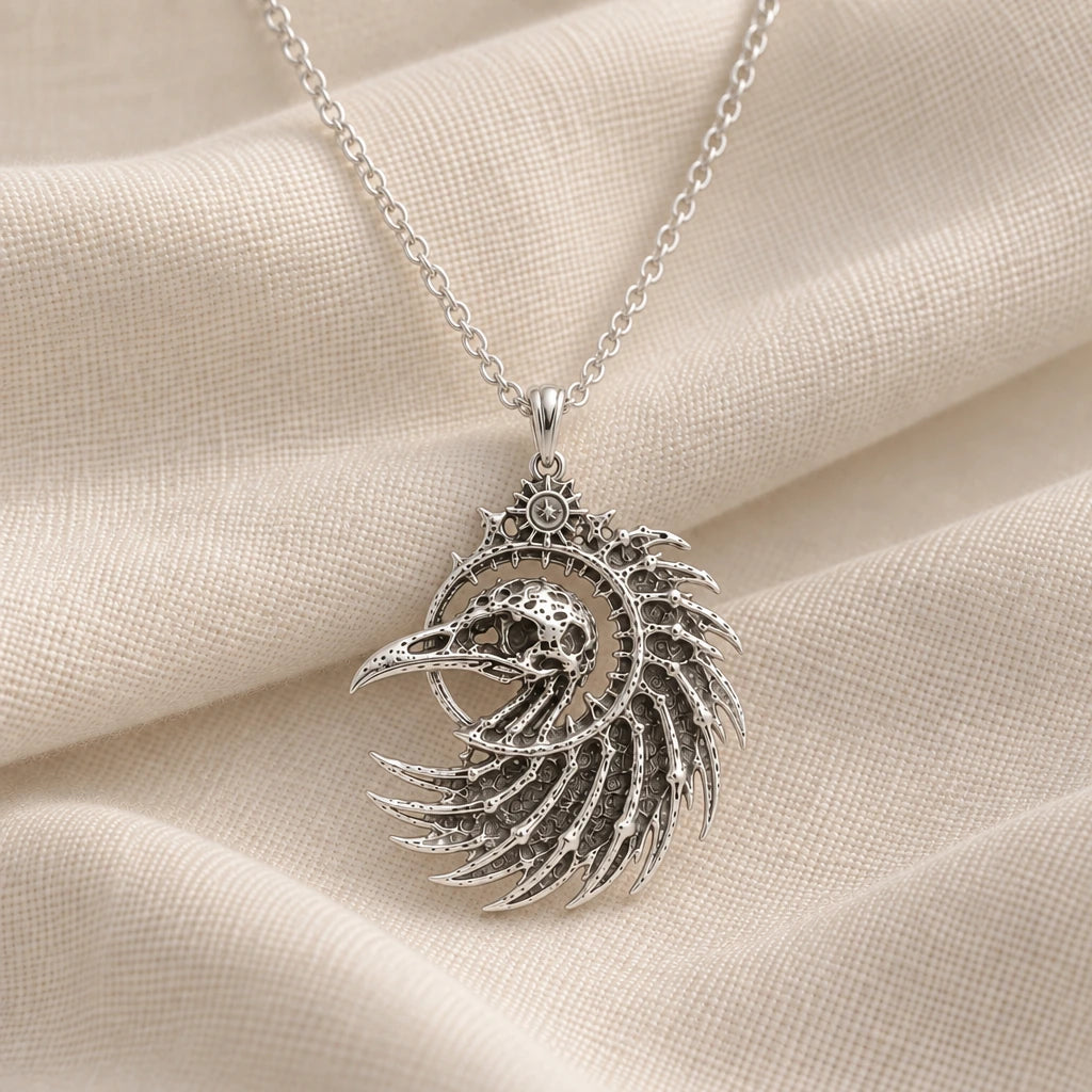 925 sterling silver fossil raven crest pendant necklace on cream fabric