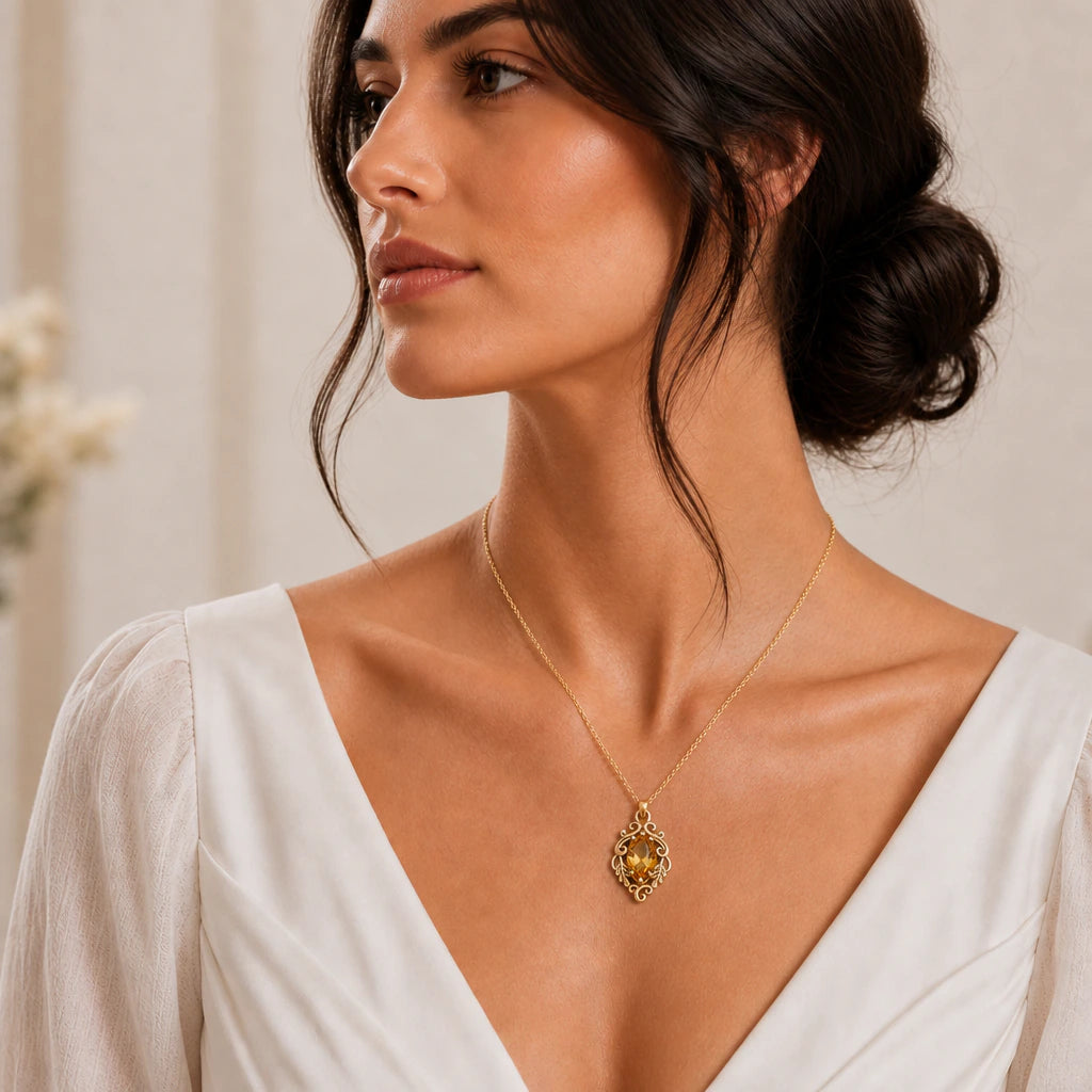 Scroll and Leaf Marquise Birthstone Pendant Necklace worn
