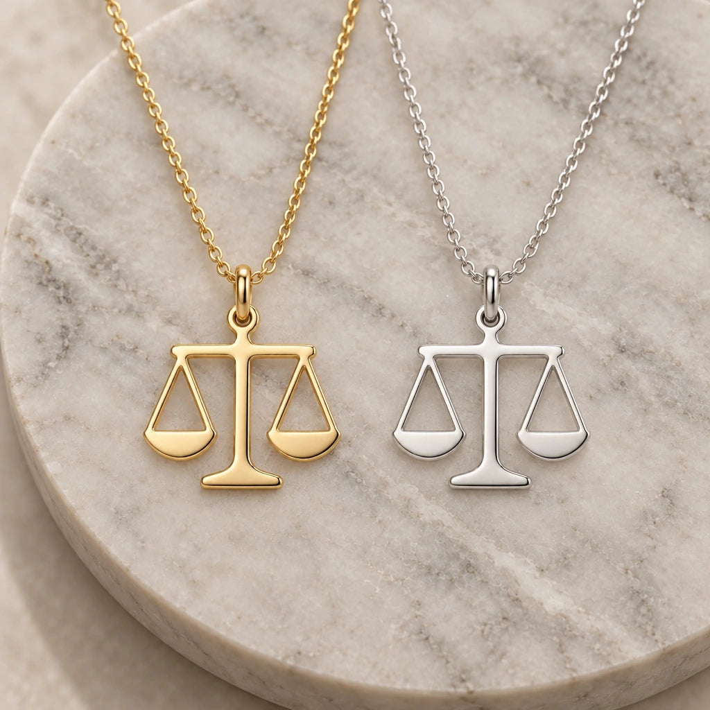 Scales of Justice pendant necklace in silver and gold finishes side by side