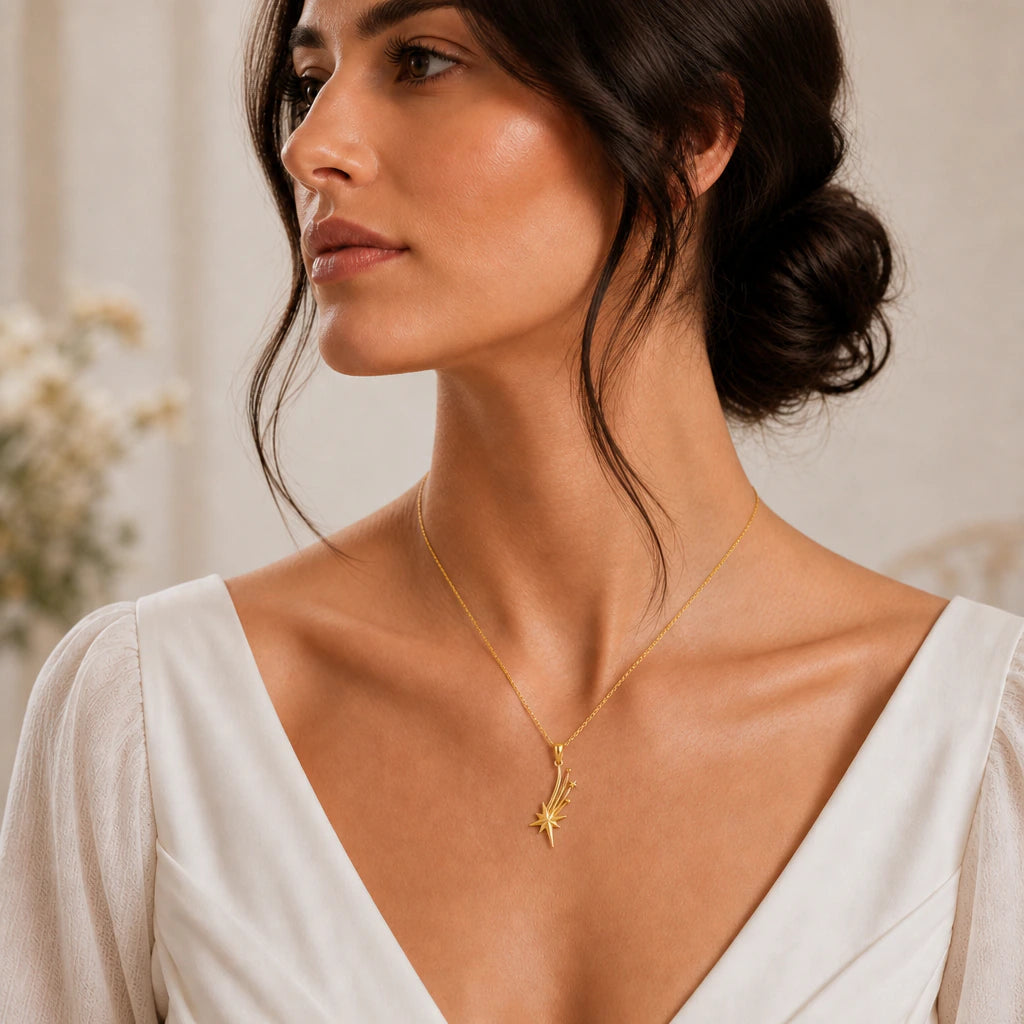 Shooting star pendant necklace worn by a model