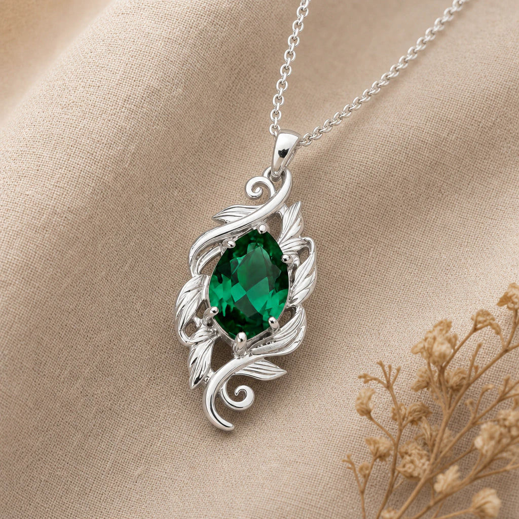 Feathered Leaf Marquise Birthstone Pendant Necklace in sterling silver