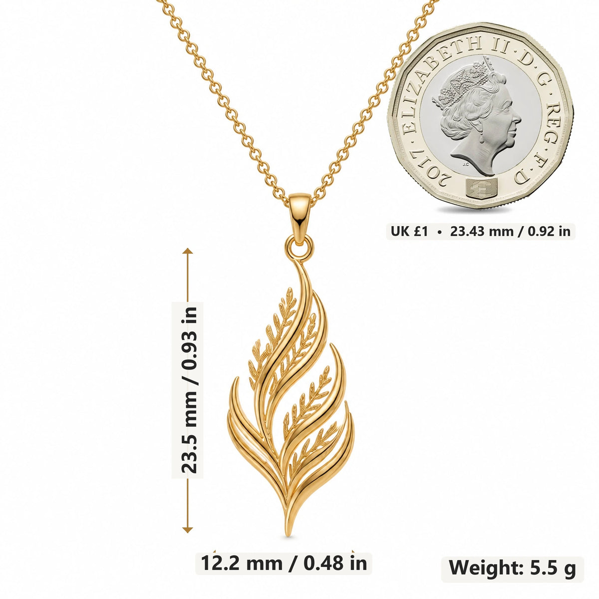 Cedar Flame Fronds pendant necklace size image showing 23.5 mm height, 12.2 mm width and 5.5 g weight
