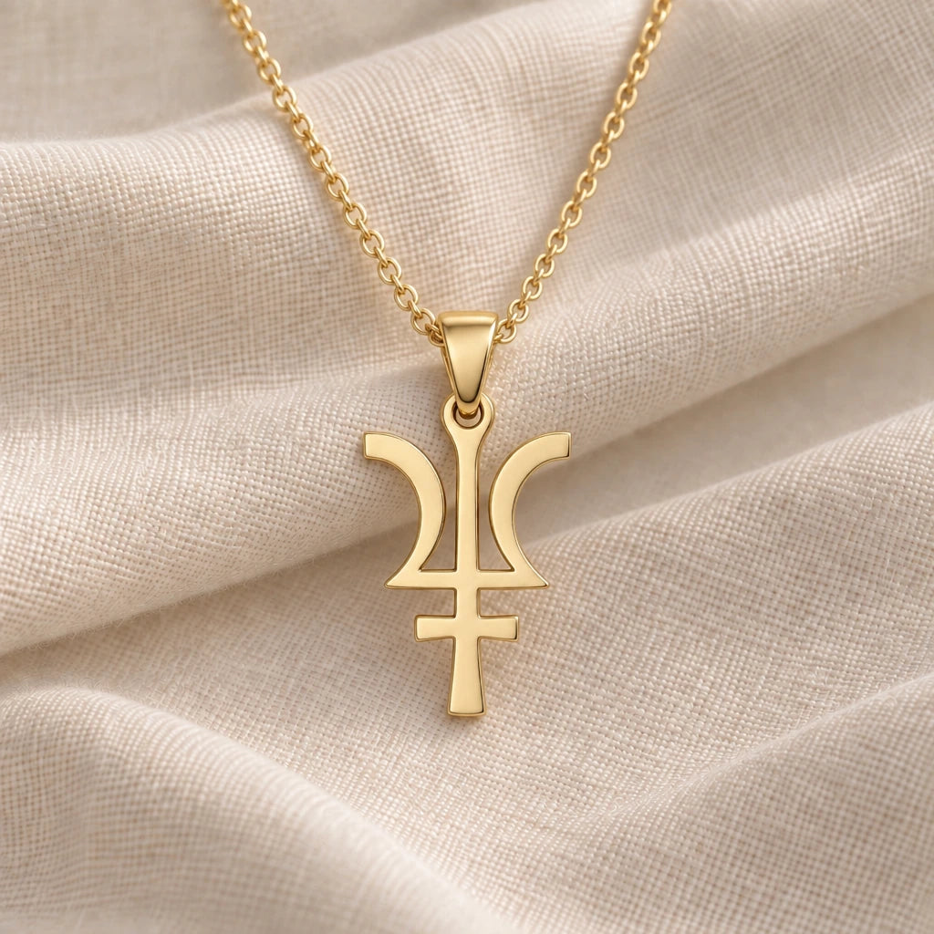 Neptune Symbol pendant necklace in an 18k gold plated finish
