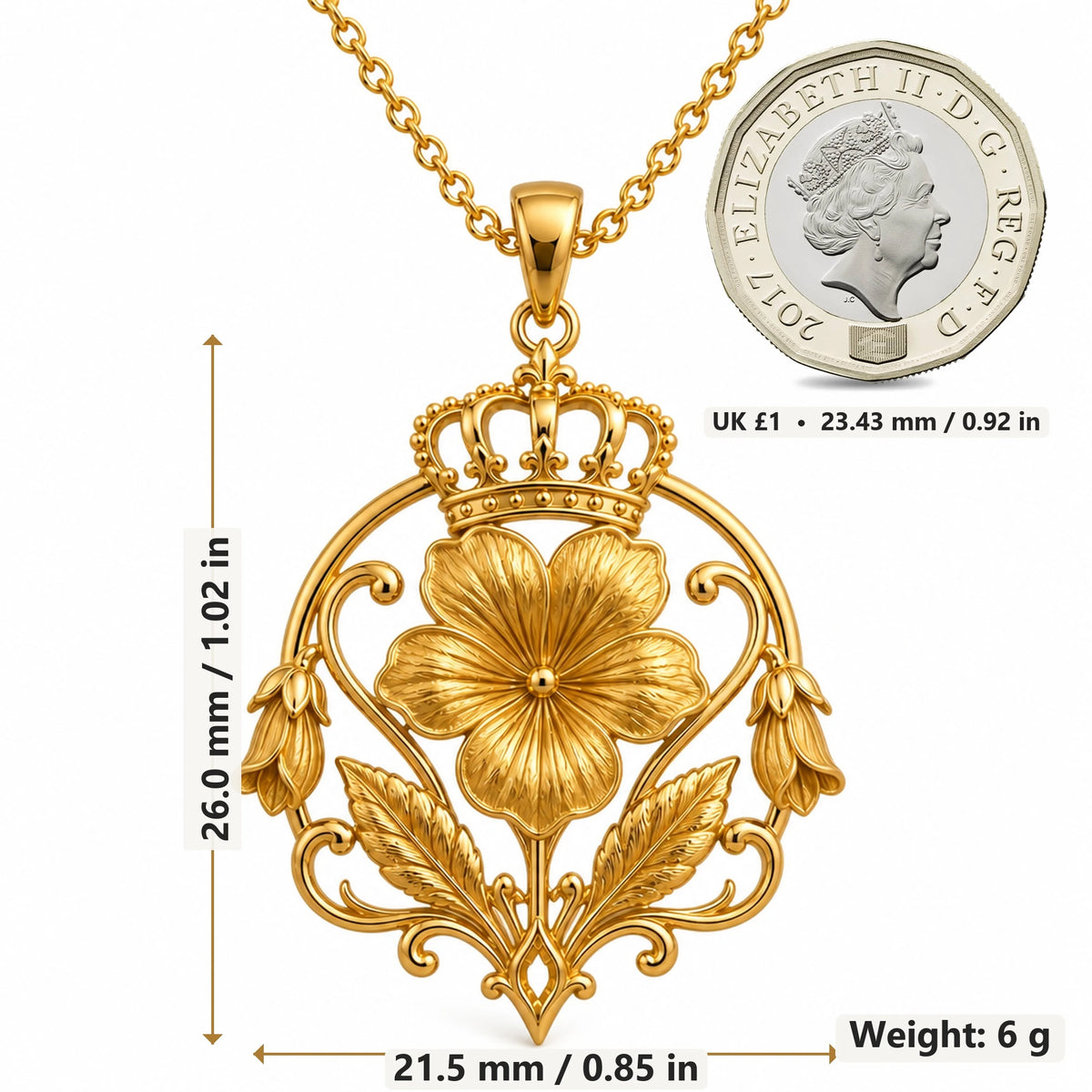 Queen Violet Crest pendant necklace size image showing 26.0 mm height, 21.5 mm width and 6 g weight