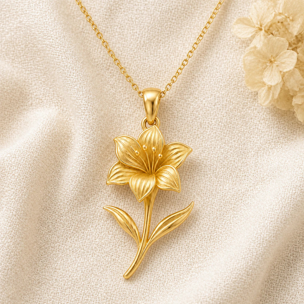 Amaryllis Flower pendant necklace in a warm gold finish on cream fabric