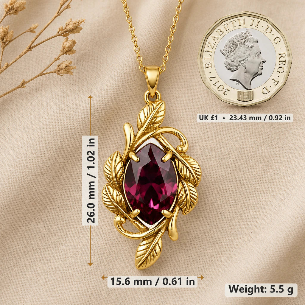Crimson Leaf Vine Birthstone Pendant Necklace size guide, 26 by 15.6 mm
