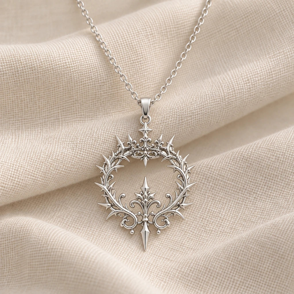 925 sterling silver majestic thorn crown pendant necklace on cream fabric