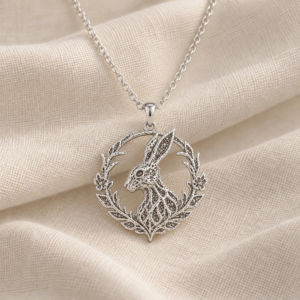 925 sterling silver fossil rabbit halo pendant necklace on cream fabric