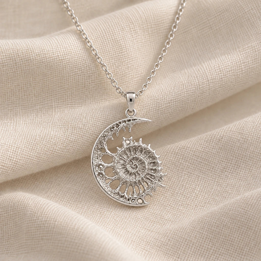 925 sterling silver lunar fossil ammonite crescent pendant necklace on cream fabric