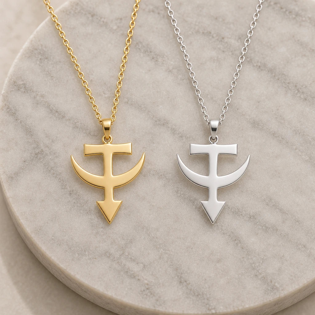 Tataria Asteroid Symbol pendant necklace in silver and gold finishes side by side