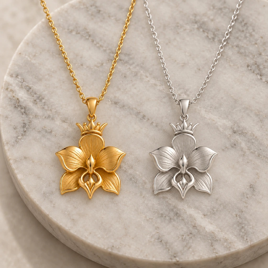 Crowned Orchid pendant necklace in silver and gold finishes side by side