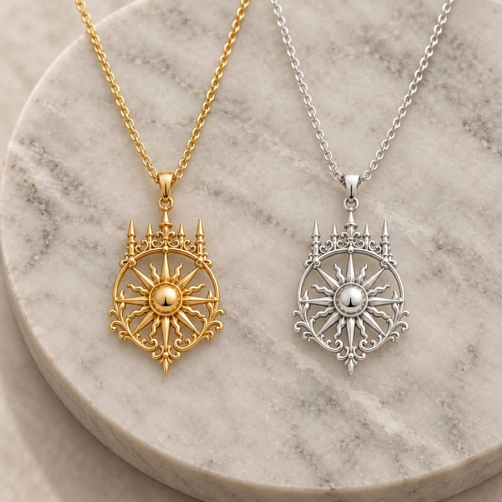 Royal Sunspire pendant necklace in silver and gold finishes side by side