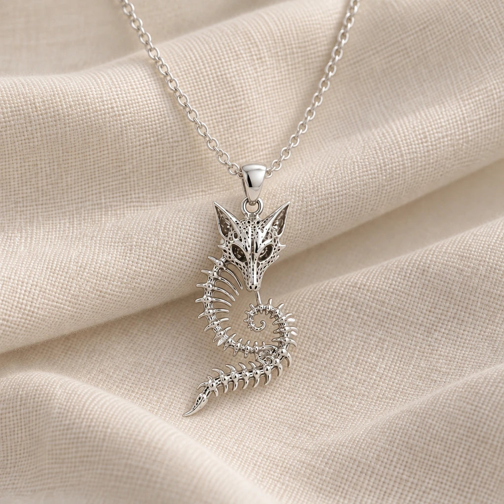 925 sterling silver sacred fox skeleton crest pendant necklace on cream fabric