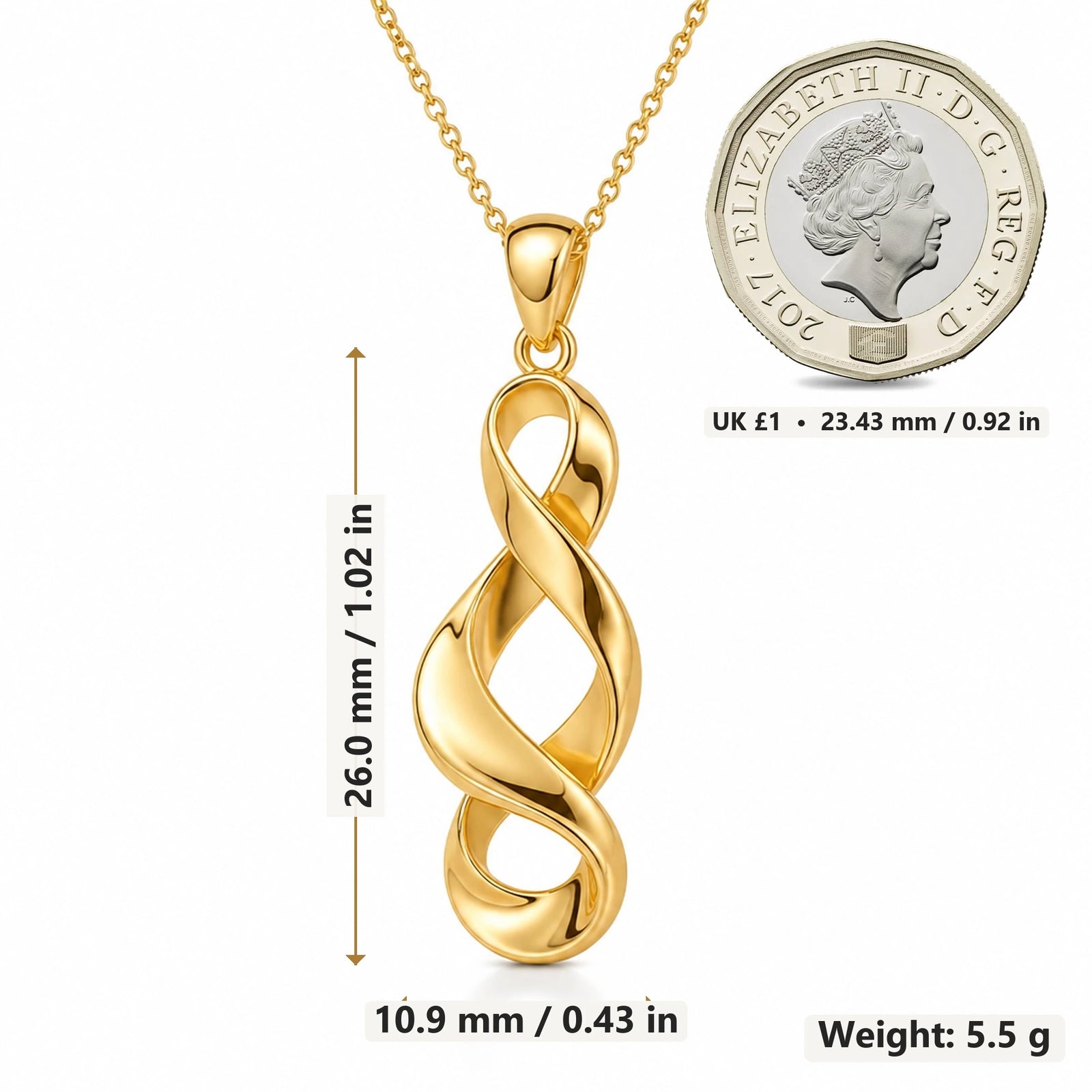 Sculptural Twisted Ribbon pendant necklace size image showing 26.0 mm height, 10.9 mm width and 5.5 g weight