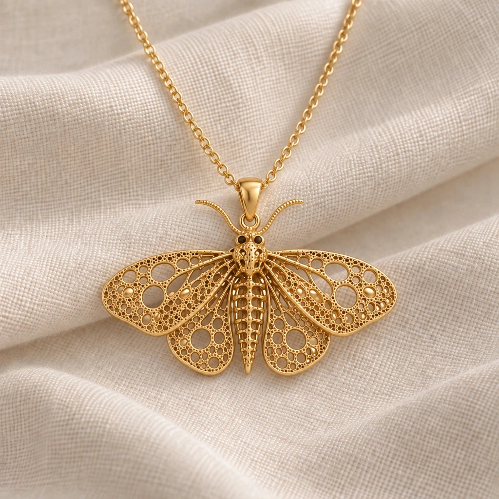 Fossil Moth Skeleton pendant necklace in an 18k gold plated finish