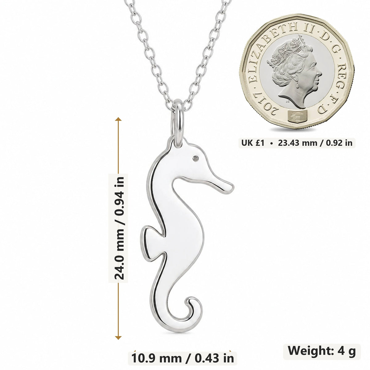 Seahorse Silhouette pendant necklace size image showing 24.0 mm height, 10.9 mm width and 4 g weight