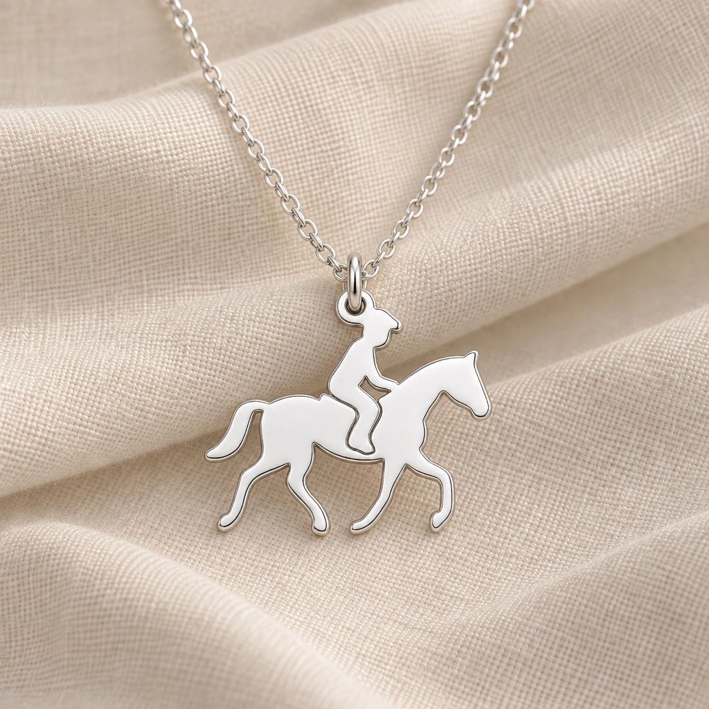 925 sterling silver horse rider pendant necklace on cream fabric