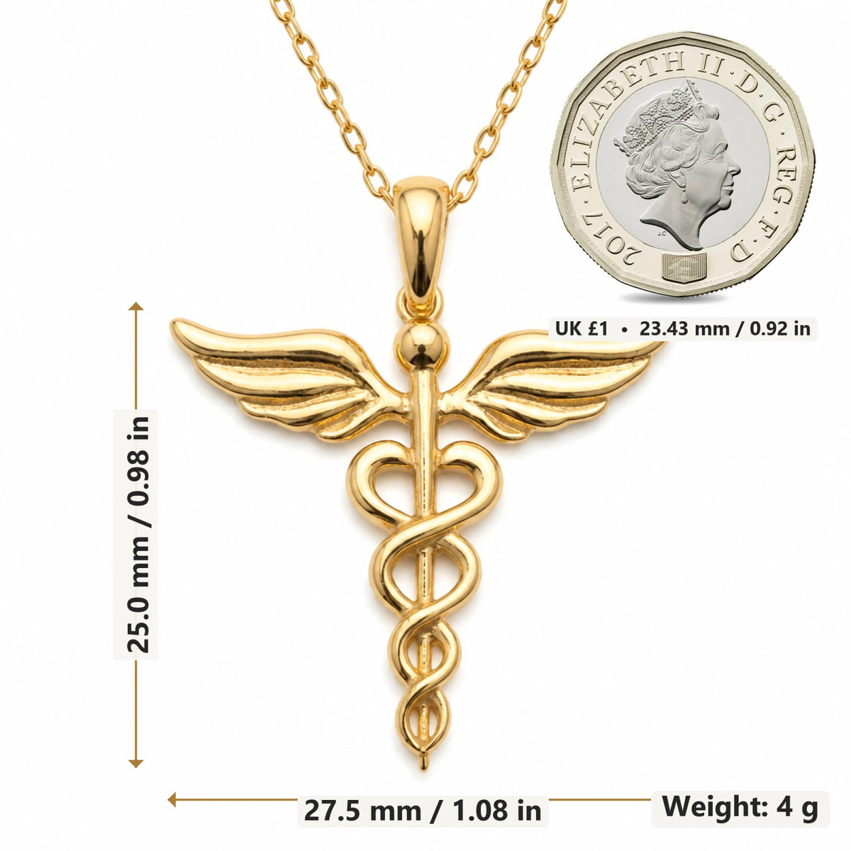 Winged Caduceus pendant necklace size image showing 25 mm height and 27.5 mm width and 4 g weight