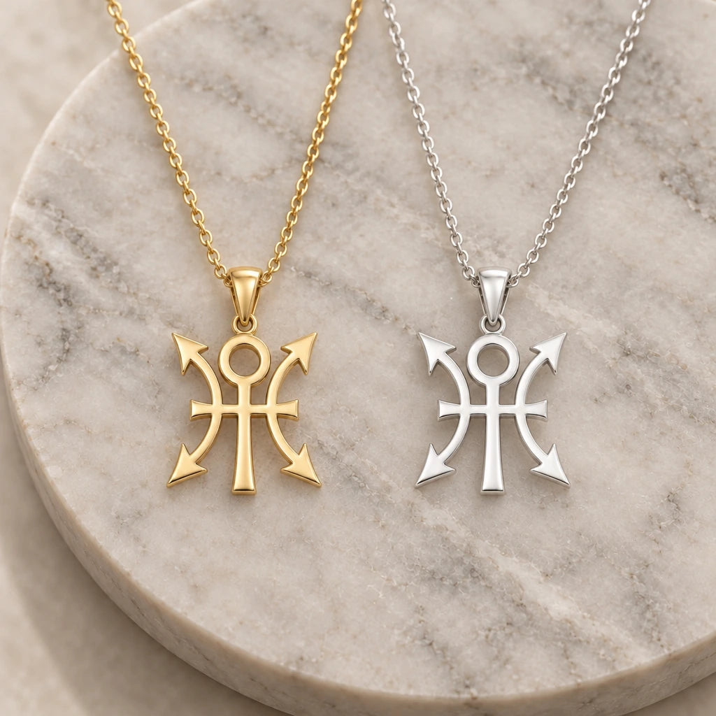 Cetus Asteroid Symbol pendant necklace in silver and gold finishes side by side