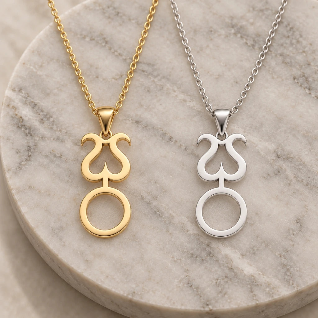 Mitra Asteroid Symbol pendant necklace in silver and gold finishes side by side