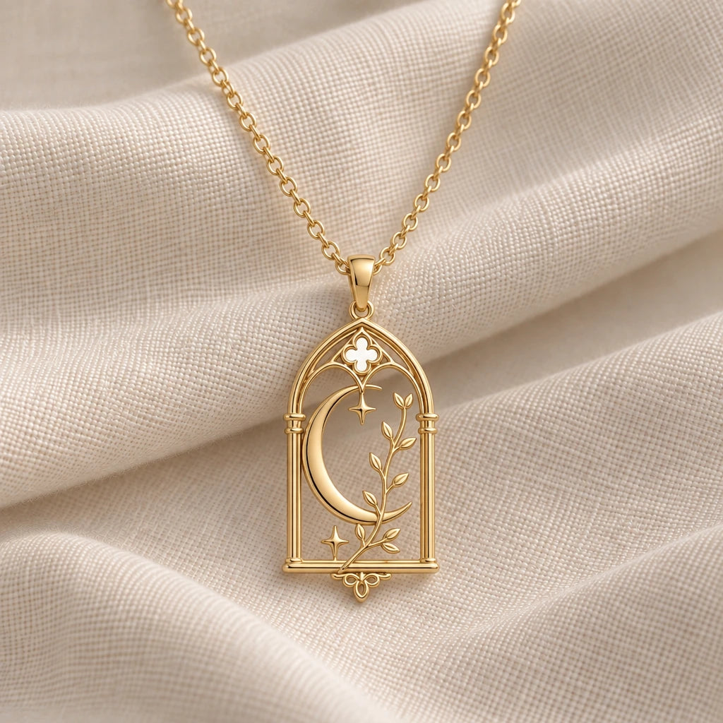 Cathedral Moon Window pendant necklace in an 18k gold plated finish